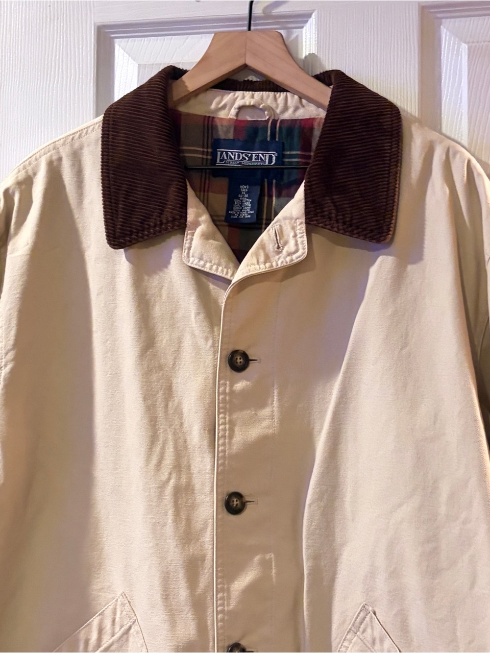 VTG Lands End Chore Jacket Mens XL Tall Tan Cotton Canvas Plaid Lined Gorpcore - Picture 3 of 15
